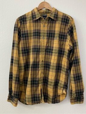 Todd Snyder Men's Yellow and Black Plaid Button-Down Shirt Large